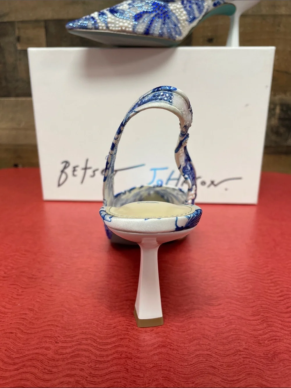 Betsey Johnson Blue and White Beaded Slingback Heels - Picture 4 of 5